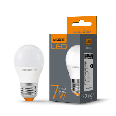 LED лампа VIDEX  G45e 7W E27 4100K, VL-G45e-07274