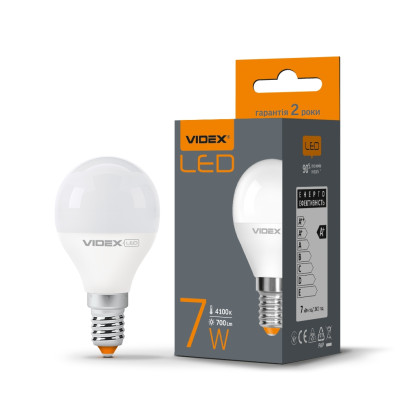 LED лампа VIDEX  G45e 7W E14 4100K, VL-G45e-07144