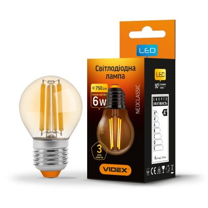 LED лампа VIDEX Filament G45FA 6W E27 2200K, VL-G45FA-06272