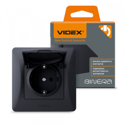 Розетка одинарная с заземлением и крышкой черный графит VIDEX BINERA, VF-BNSK1GС-BG