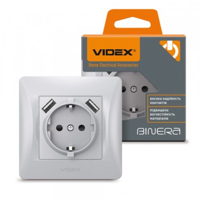 Розетка одинарна із заземленням та 2USB срібний шовк VIDEX BINERA, VF-BNSK1GU2-SS